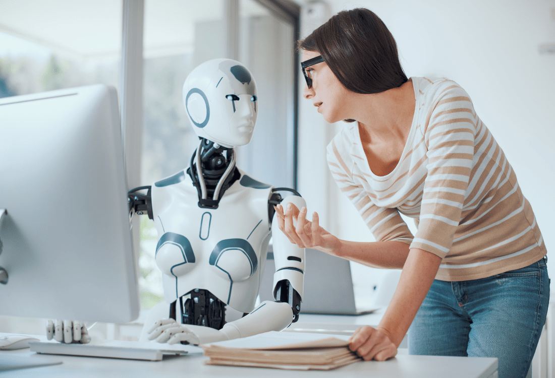 A woman working in collaboration with AI meeting assistant.  